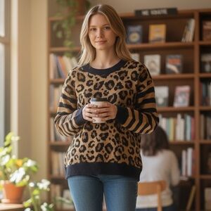 Entro Leopard Print Sweater with Navy Stripes